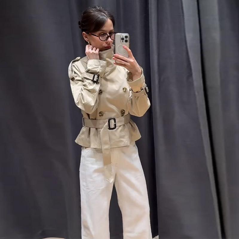 Stand Up Collar Lace-up Short Trench Coat Women's Long Sleeve Double Breasted Thin Slim Jacket Commuter Windbreaker 2025 Autumn Coatwear