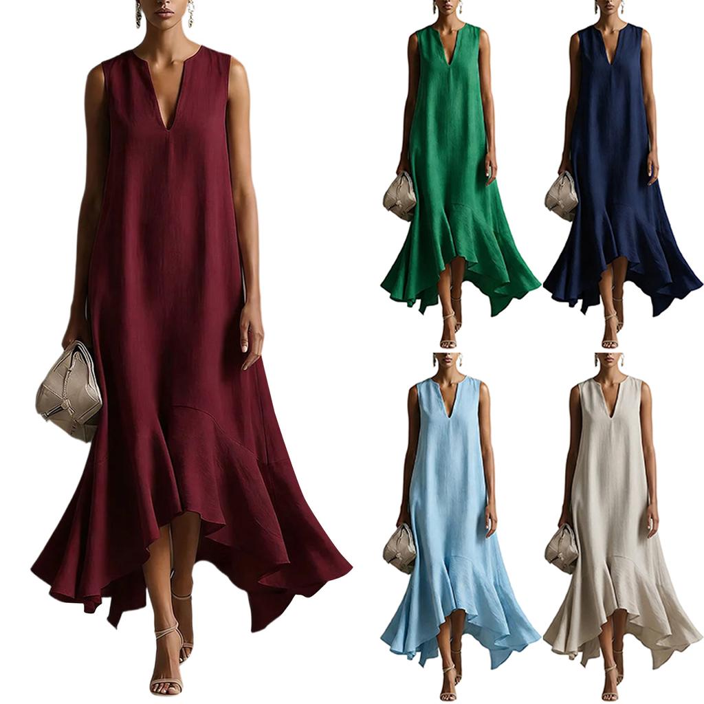 Sleeveless V Neck High Low Hem Maxi Dress for Women Loose Fit Flowy Lightweight Fabric Elegant Style