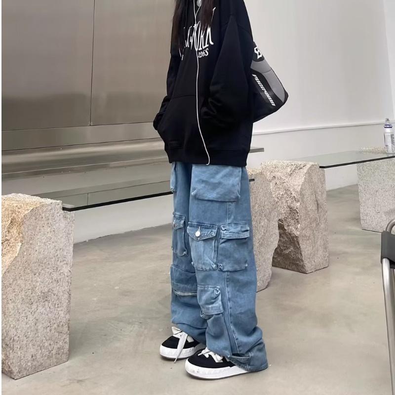 Spring and Autumn Hip-hop Multi-pocket Functional Workwear Jeans Loose Casual Pants Trousers Same Style for Men and Women
