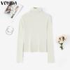 VONDA Autumn Women Turtleneck Long Sleeve Thin Casual Cropped Kniteed Sweater Tops Undershirts