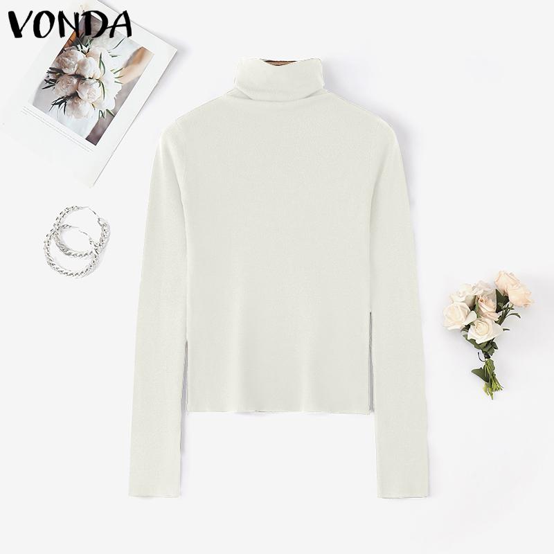 VONDA Autumn Women Turtleneck Long Sleeve Thin Casual Cropped Kniteed Sweater Tops Undershirts