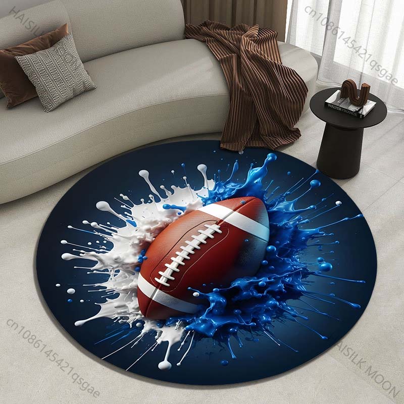 Multiple Sizes Football with Blue and White Liquid Print Round Carpet Living Room Bedroom Table Chair Sofa Decorative Carpet