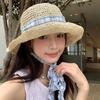 Spring and summer girl atmosphere plaid lace-up woven straw hat sunscreen sunshade seaside vacation wind show face small brim