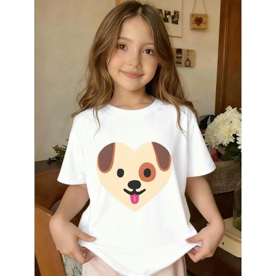 European Sizes Heart-print Puppy Print Crew Neck Short-sleeved T-shirt, Casual and Stylish, Perfect for Summer Outings.