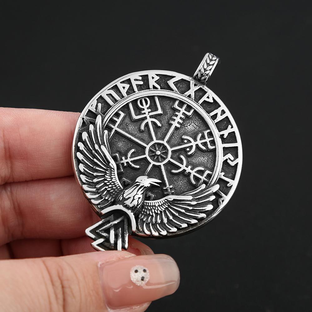 Nordische Wikinger Edelstahl Kompass Rune Anhänger Halskette Für Männer Frauen Vintage Odin Rabe Halsketten Amulett Schmuck Großhandel