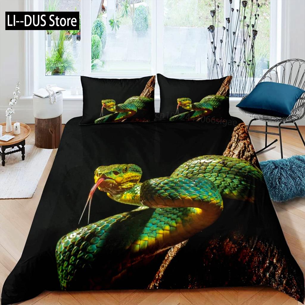 Sada povlaku na peřinu Had Zelená hadí ložní souprava Mikrovlákno Zvířecí téma Ložní prádlo Pro chlapce Muže Dvojitá Queen King Size Povlak na přikrývku