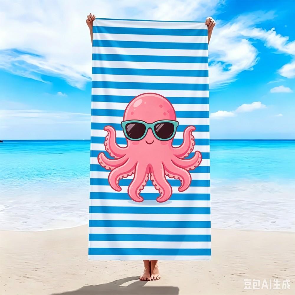 Cute Ocean Animal Beach Towel Large Red Crab on Green Stripes Microfiber Towel for Beach and Pool