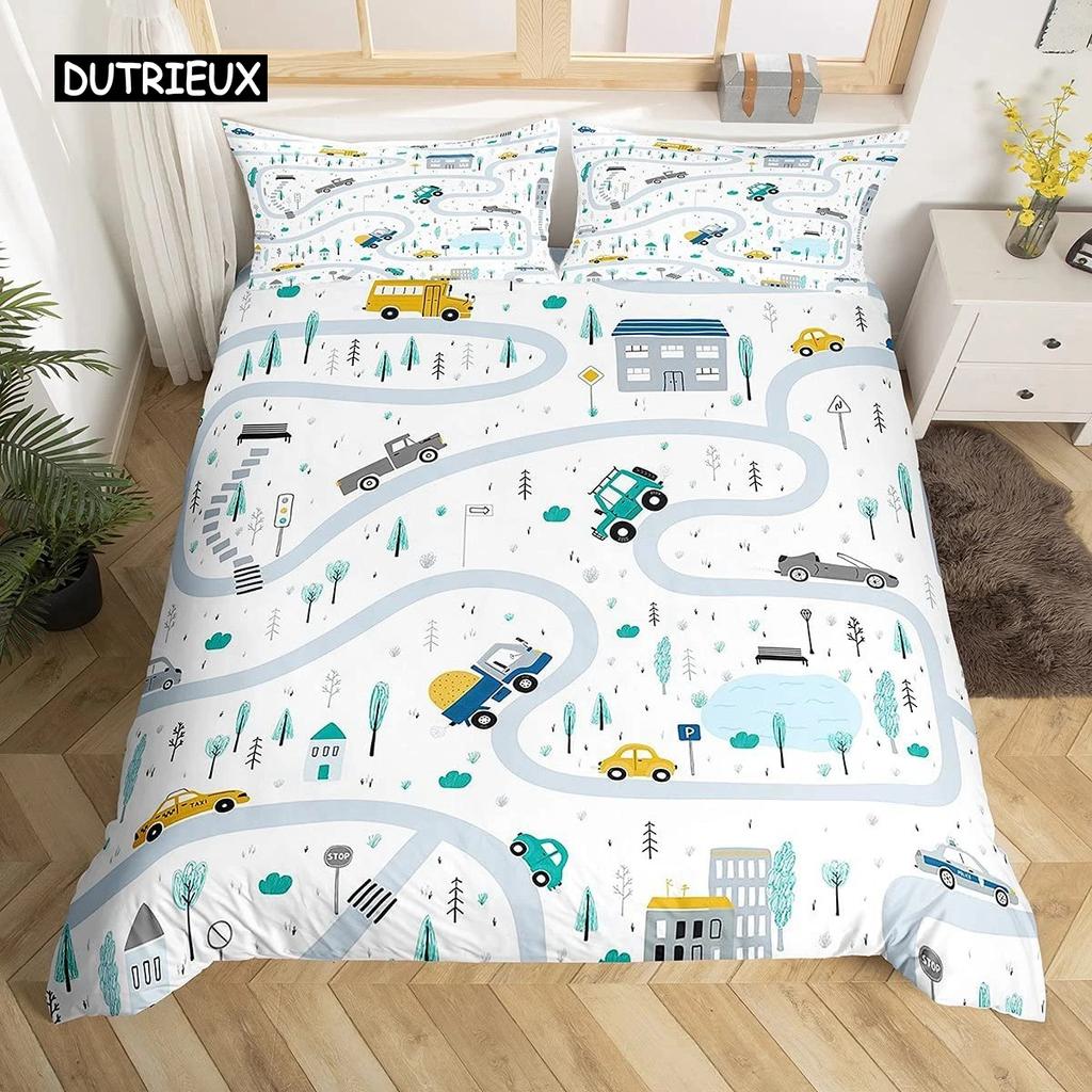 Kids Equipment Trucks Duvet Cover King Boys Cartoon Car Bedding Set Construction Highway Comforter Cover Set
