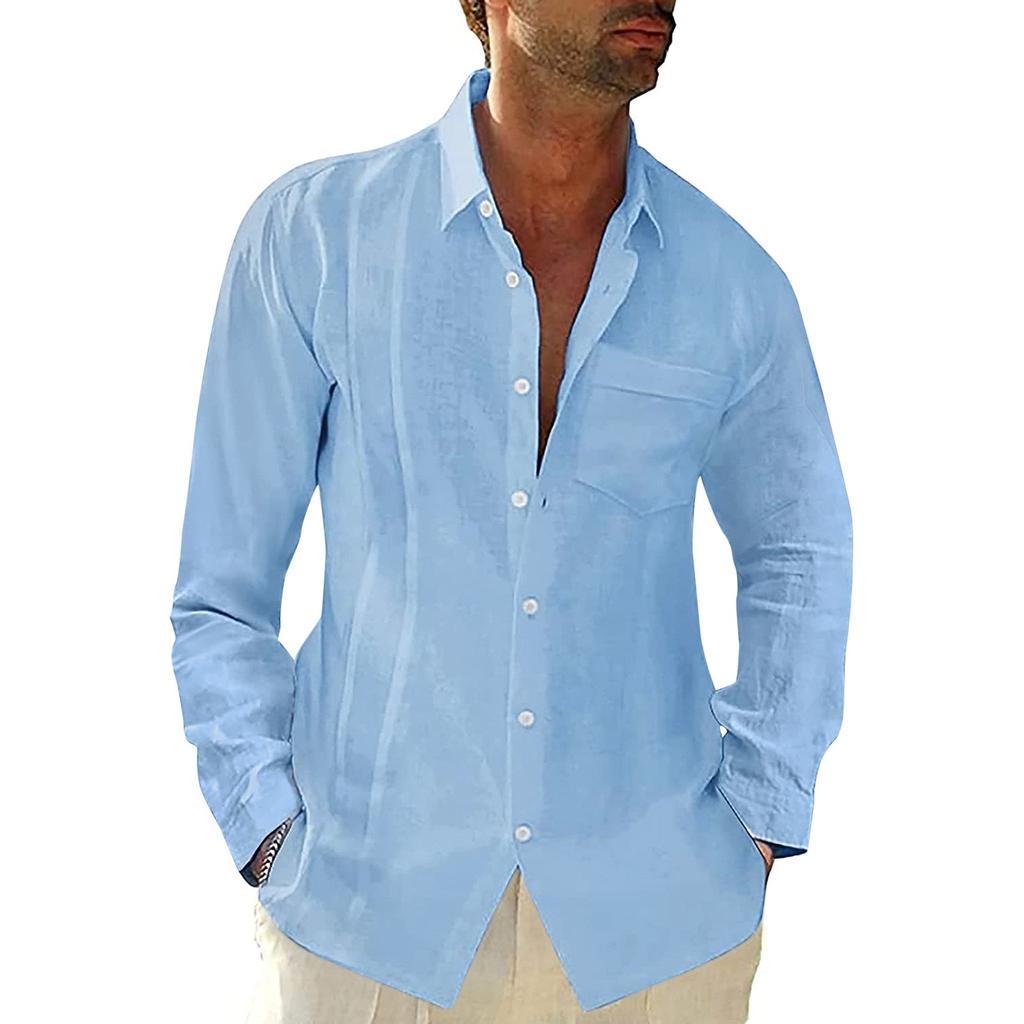Mens Casual Loose Long Sleeve Cotton Color Shirt Lapel Neck Shirt Tops