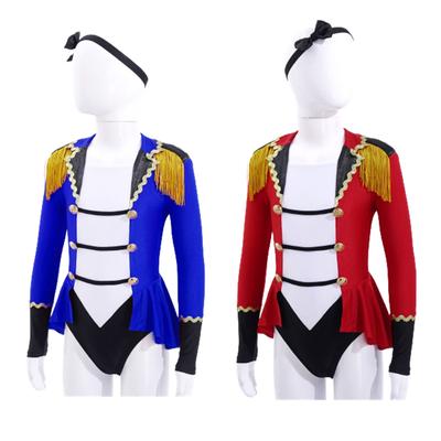 Zirkuskostüm für Kinder, Mädchen, lange Ärmel, Farbkontrast, Patchwork, mit Quastenknöpfen verziert, Cosplay-Overall mit Krawatte