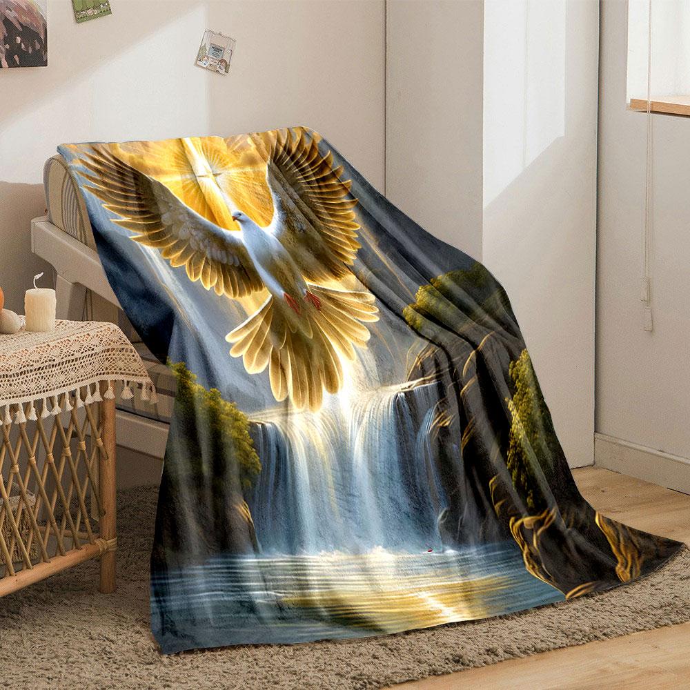 A Radiant Dove with Spread Wings Illuminated by Golden Light Over Waterfalls. for All Seasons Blanket Lunch Break Throw Gift