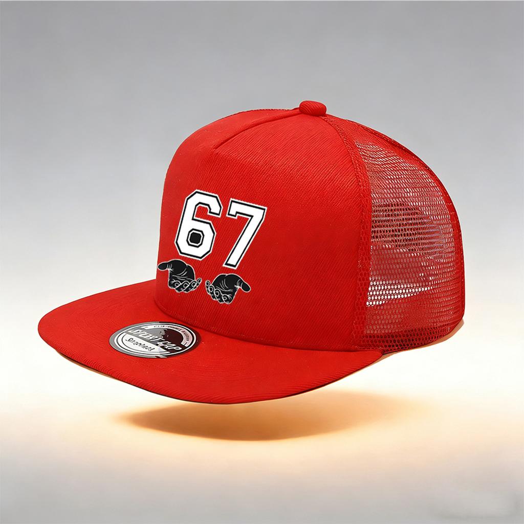 1/2 STKS Platte Rand Mesh Trucker Cap, Ademend, 67 Nummer Hand Gebaar Print, Retro Hip Hop Streetwear voor Mannen Vrouwen