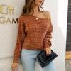 QICED Women's Fashion Casual Solid Color Print Autumn Winter Long Sleeve One Shoulder Loose Sweaters