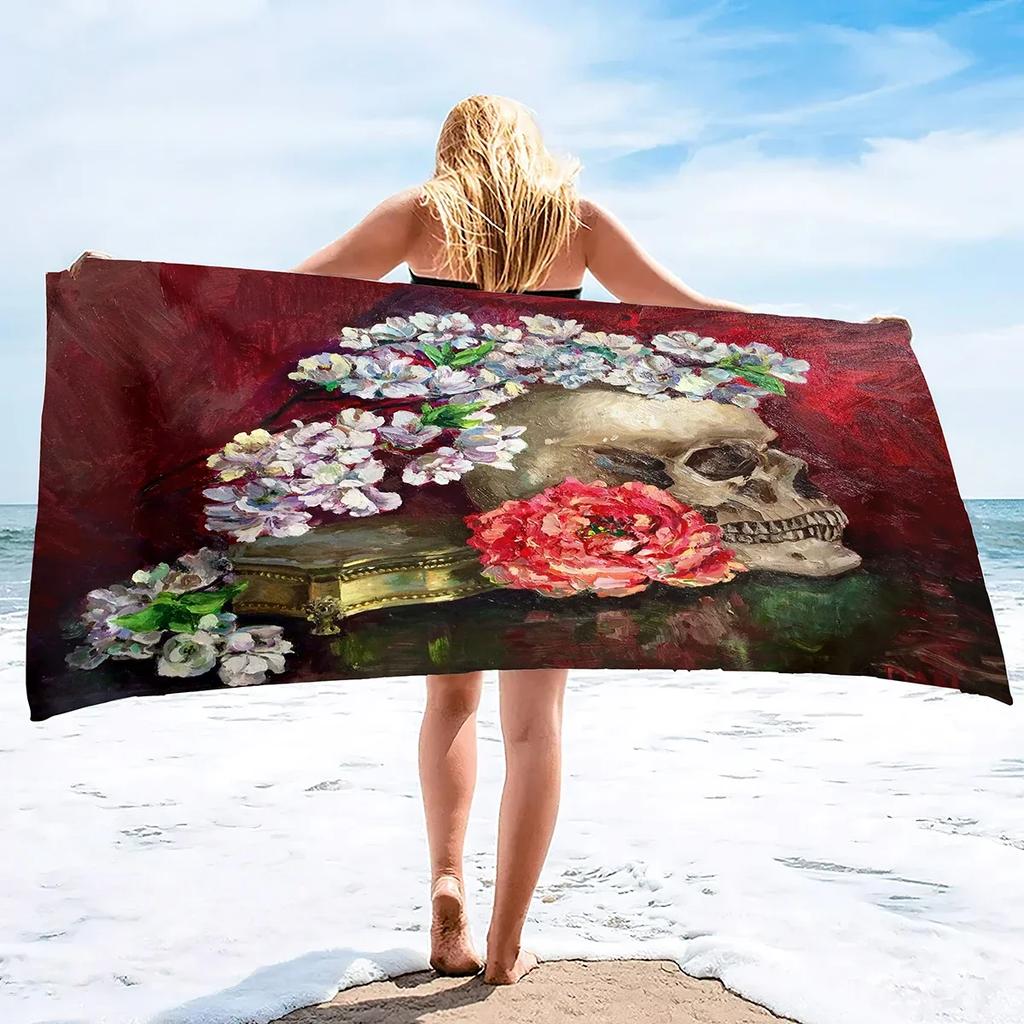 Schädel Strandtuch Mikrofaser Strandtuch für Fitnessstudio Reisen Fitness Spa Handtuch Damen Mädchen Blume Rose Schädel Große Strandtücher