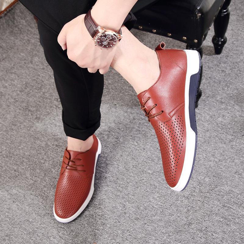 Men's British Style Summer Leather Shoes: Hollow Design, Large Size, Round Toe for Casual and Business Wear.