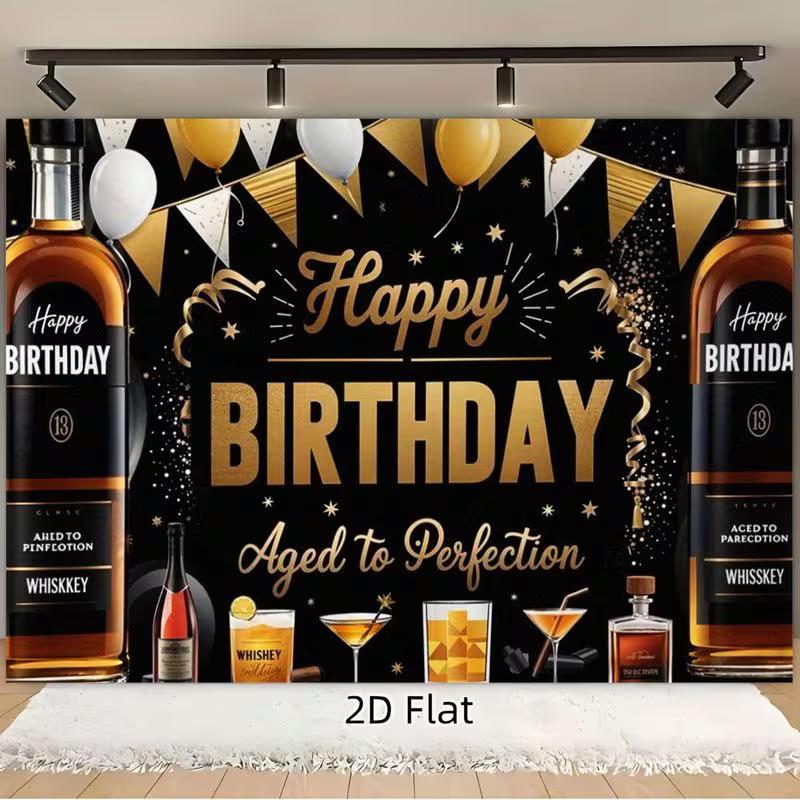 2D Elegant Black and Gold Backdrop, Whiskey Theme "Happy Birthday" Background for Cocktail Parties