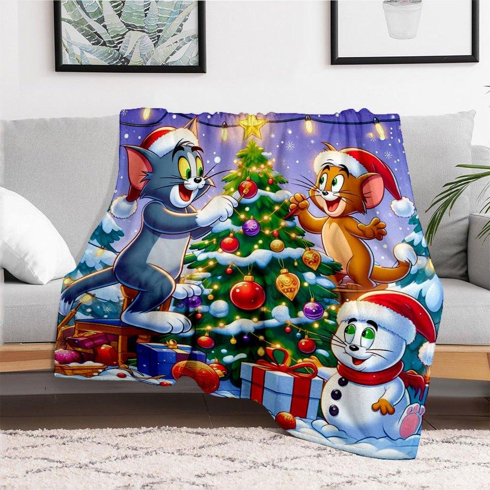 Tom Jerry Christmas Decorations for Kids Room Wall Art PrintBlanket Flannel Throw Blanket for Sofa, Bed, Travel, Camping, Office