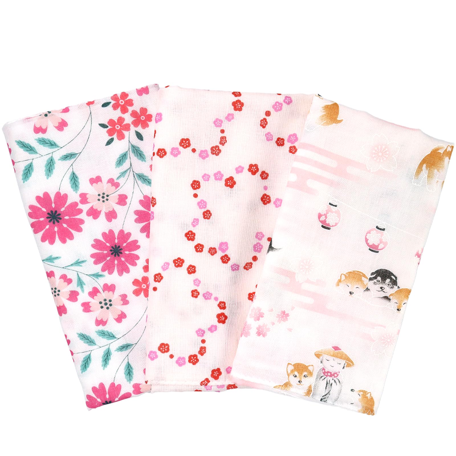 

Cluster Tenugui Washed Gauze with Finish Mameshiba and Ranman Flower Pattern Set of Japanese-made (Tenugui) Double-Layered Anti-Fray [Pink / 3]