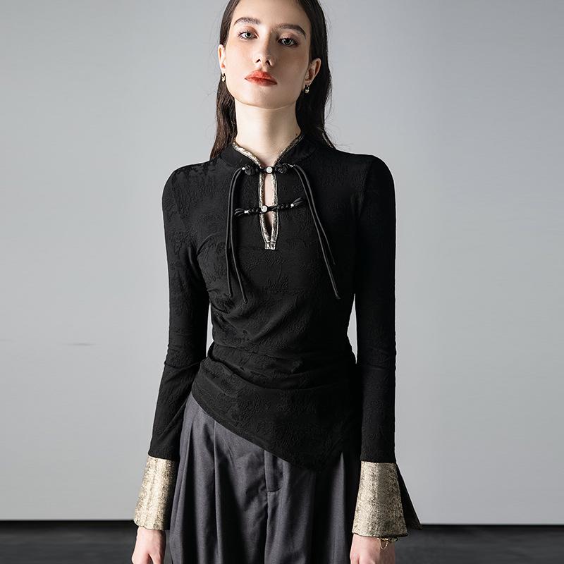 

Женские топы в китайском стиле: Новые рубашки с зауженной талией и укороченными рукавами на осень/зиму Large чёрный