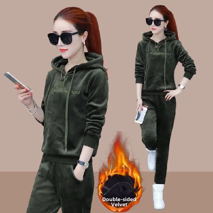 

Женский спортивный костюм большого размера на осень-зиму, новый стиль, повседневный, с утолщенной флисовой подкладкой, плюшевый, свободного кроя, худи с капюшоном, 2 предмета... XXL армия зеленый