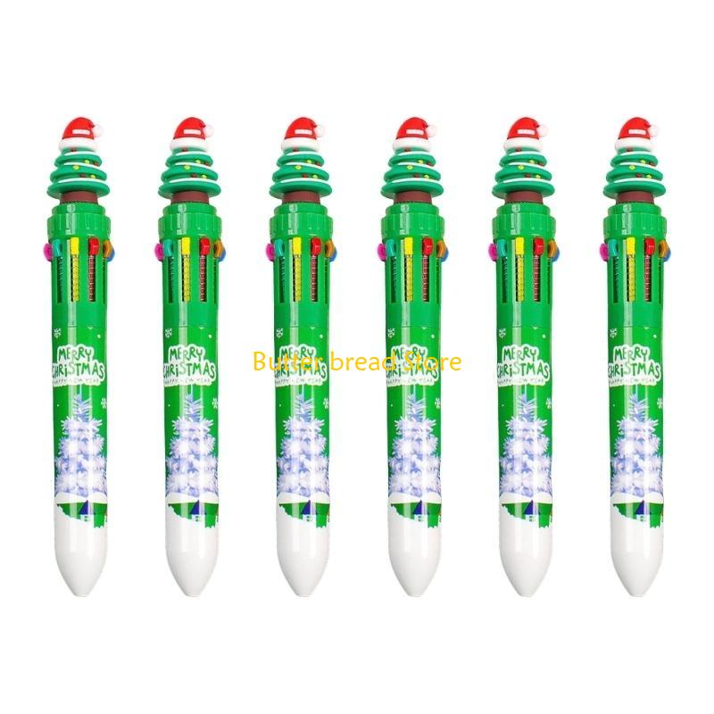 W89C 6x Multicolor Ballpoint Pen 10 in 1 Cartoon Christmas Ballpoint Pen for Party