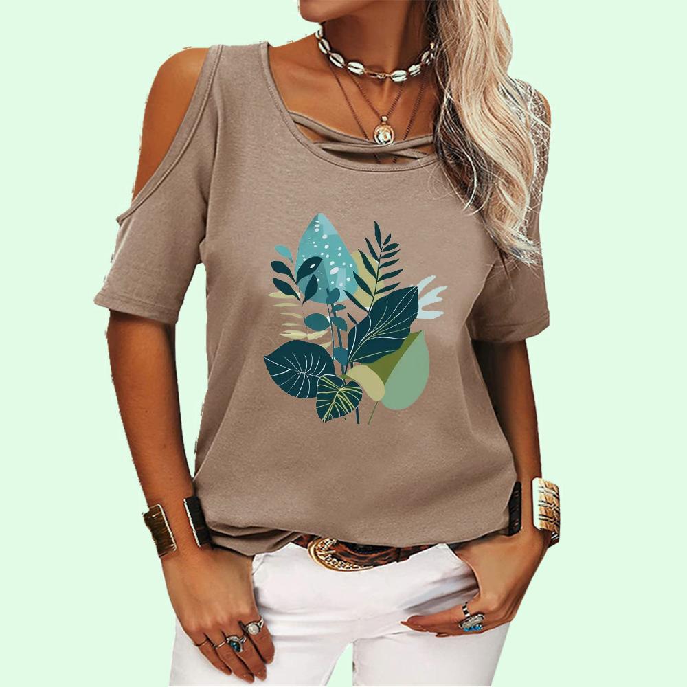 Women Fashion Round Neck Top Summer Off Shoulder Tee Shirt Casual Floral Print Short Sleeve T-shirt