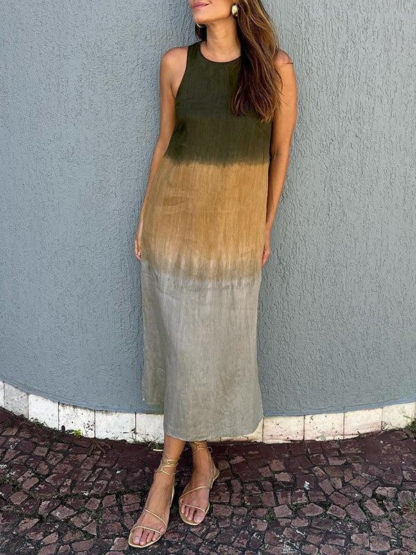 European and American summer cotton and linen round neck sleeveless gradual change dress casual women color matching straight slit