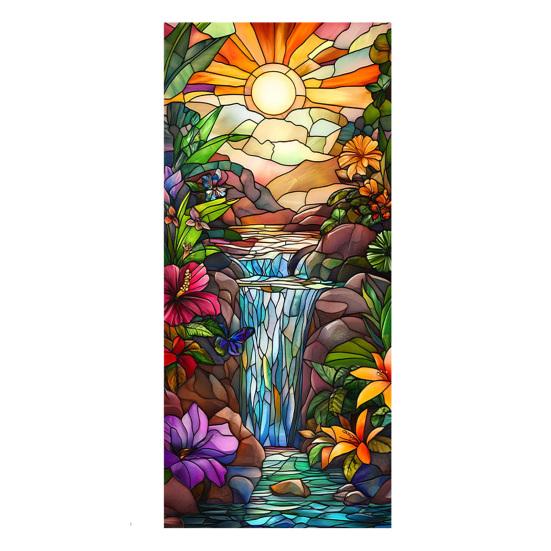 

Window Privacy Film Stained Glass Flamingo Tropical Static Clings Heat Control Door Covering Sticker with Palm Leaves Floral Pattern for Bathroom C