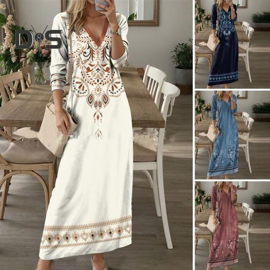 Spring Fall Women Dress V Neck Long Sleeves A-line Digital Flower Print Dating Maxi Dress Daily Wear Loose Dress