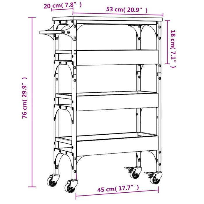 VidaXL Chariot de Cuisine, Étagère de Rangement, Chariot de Service avec Roulettes, Organisateur de Maison, Noir Bois 842351