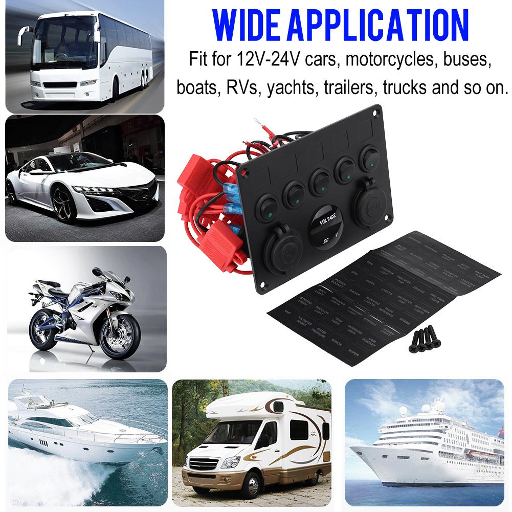 12-24V 5 Gang OnCelsiusOff Toggle   Panel Dual USB Voltmeter for Car Boat Marine Truck Green LED