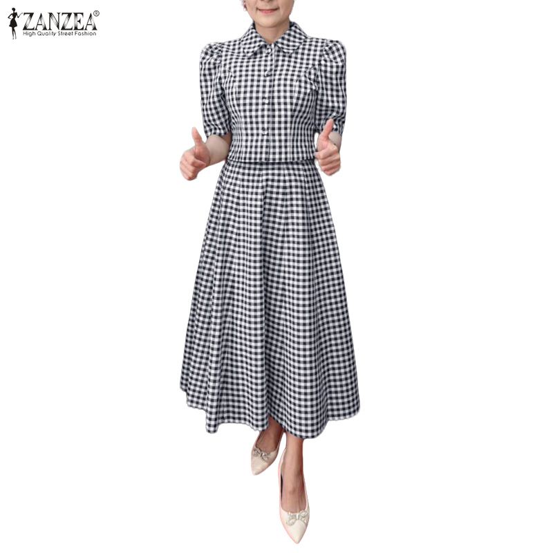 ZANZEA Women Short Sleeve Blouse and Long Skirts Plaid Print Two Piece Suit Sets