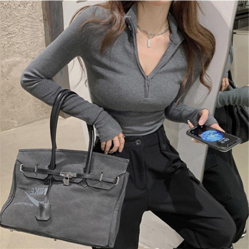 New Arrivals Open Run Women Slim FiT Long Sleeve Rib Half Zip T shirT