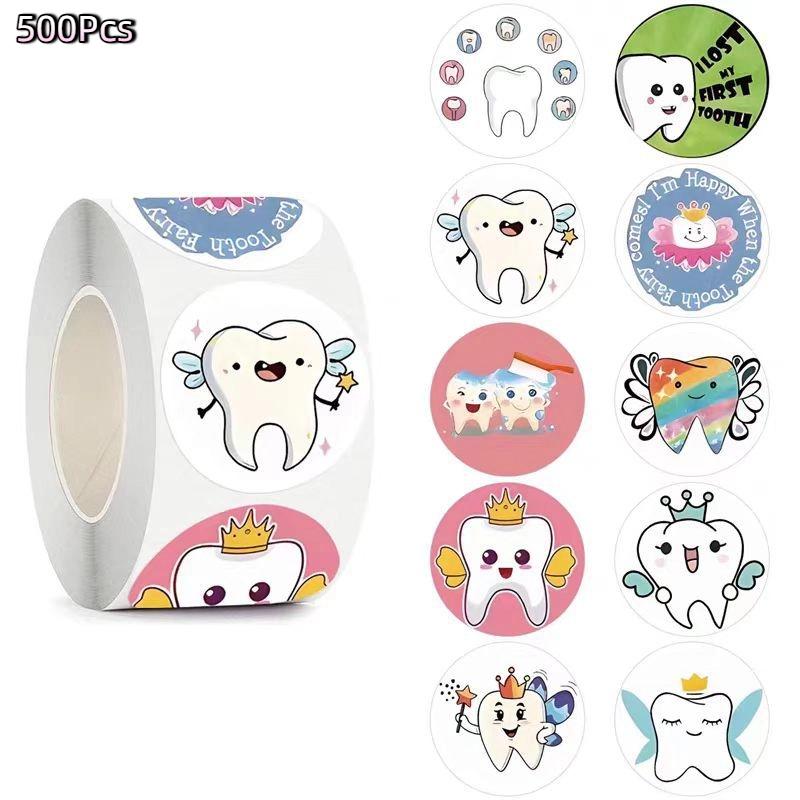 500Pcs/Roll Dental Stickers Cartoon Decoration Tooth Shaped Sticker Label Sticker Dental Supplies Dentistry Dental Clinic Decals