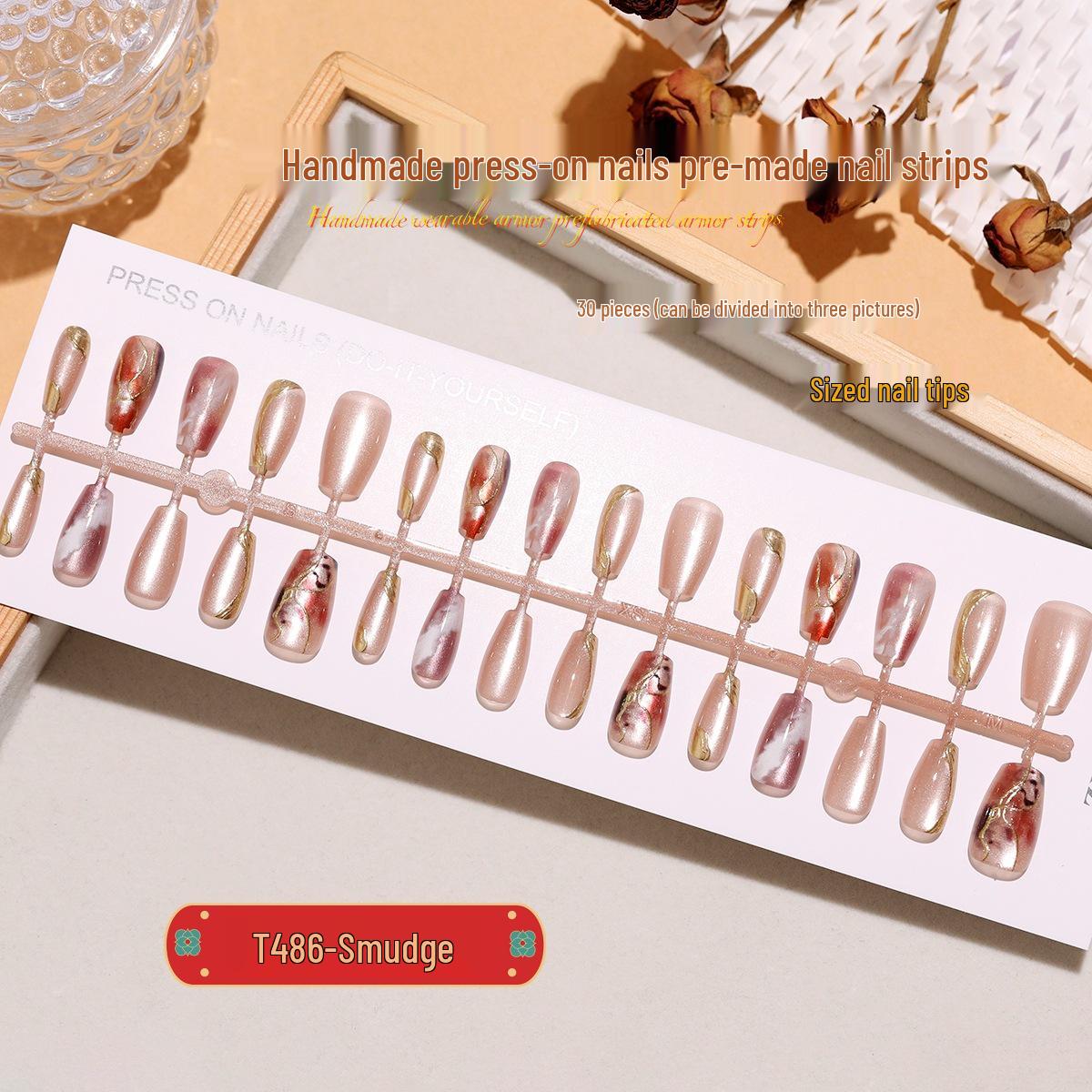 

T486# Gilded Halo Cat Eye Wearable Nails - 30-Piece Short Ladder Pre-made Handmade Set Full Strip XS/S/M