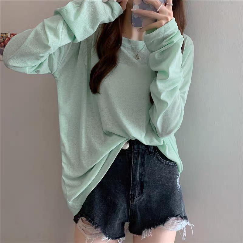 Summer Solid Long Sleeve T-shirts Women's Casual Loose Thin Slightly Transparent Sun Protection Cover Tops Tees Female