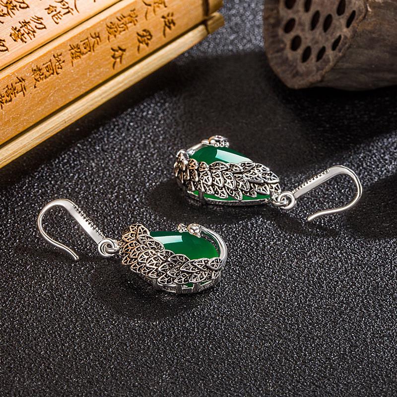 Ethnic Style Peacock Chalcedony Drop Earrings For Women Vintage Thai Silver Water Drop Green Agate Earring Party Palace Jewelry