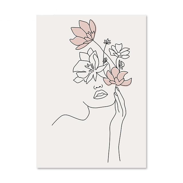 Romantic Pink Flowers Modern Line Woman Love Art Wall Art Canvas Painting Poster Print Wall Paintings For Living Room Decor