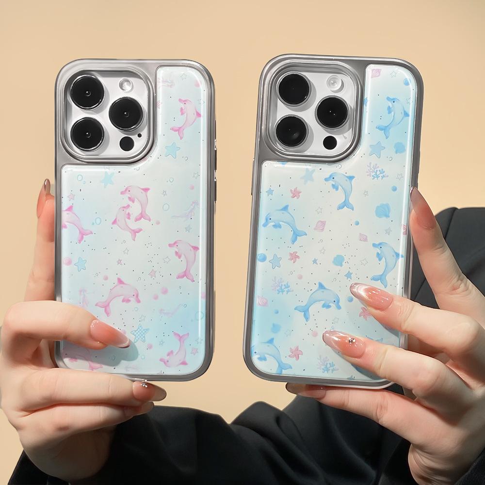 Applicable to iPhone16promax mobile phone case ins wind dolphin electroplating water condensation Apple 14/15pro protective case