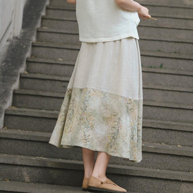 Johnature Women Vintage Print Floral Skirts Patchwork Color Cloths Summer Chinese Style High Quality Female Skirts