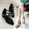 New hollow rhinestone fish mouth sandals thick heel high heel sandals direct supply