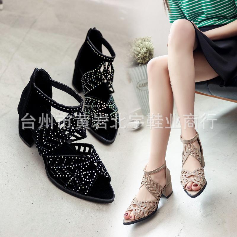 New hollow rhinestone fish mouth sandals thick heel high heel sandals direct supply