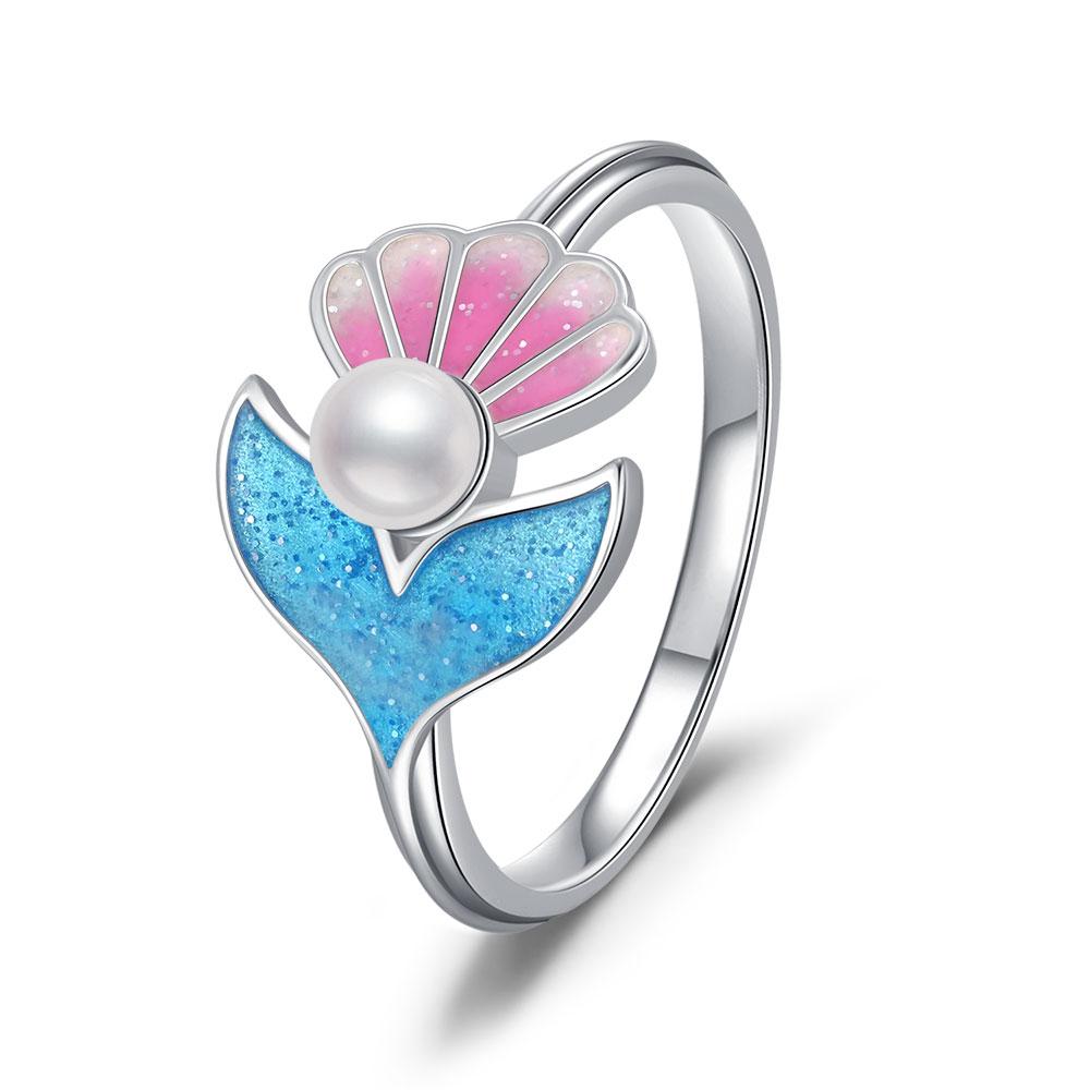 Original S925 Silver Creative Double Circle Snake Ring Fish Tail Black Pearl Octopus Ring Cute Ladies Jewelry Gifts