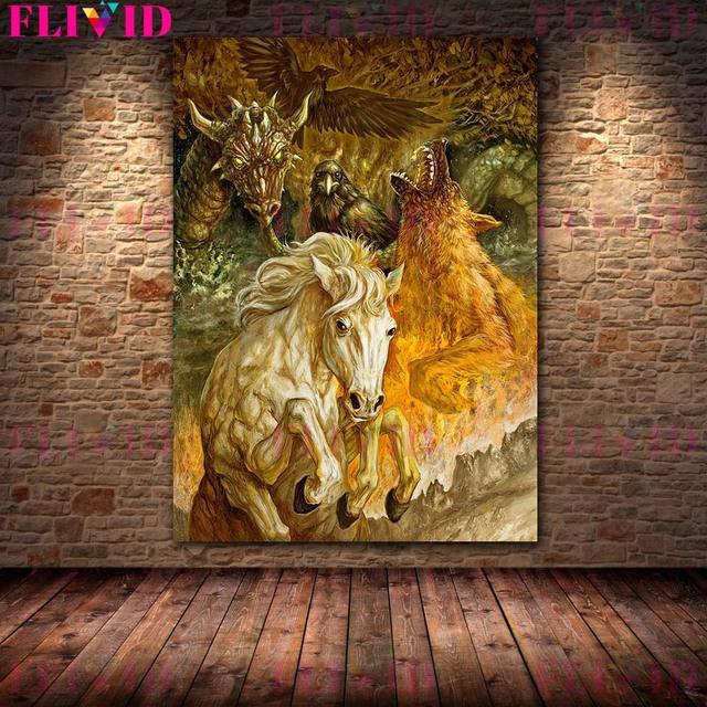 The White Deer Spirit and the White Wolf In the Forest "Retro Mural Art, Oil Painting, Magical Animal Art Poster
