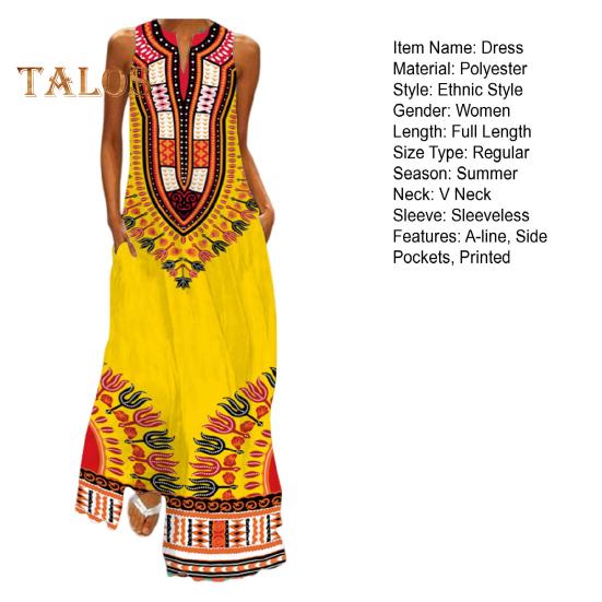 Vestido longo de verão com ombros de fora, sem mangas, linha A, retrô, colorido, estilo étnico, estampado, decote em V, bolsos laterais, comprimento total, vestido longo