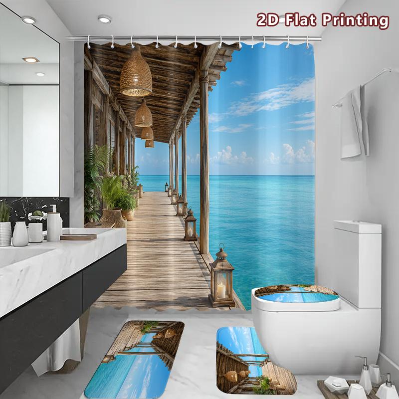 4Pcs Tropical Ocean Veranda Shower Curtain Set with Non-Slip Bath Mat, Toilet Lid Cover, Contour Rug & 12 Hooks, Bathroom Decor