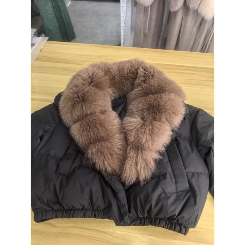 Womens Short Puffer Coat With Oversized Fox Fur Collar Warm Winter Outerwear Loose Fit Stylish Daily Wear