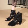 Fashion Stitched Embroidery Mesh High Heels Summer New Round Head Open Toe Back Zipper Anti-slip Wear-resistant Thick Heels