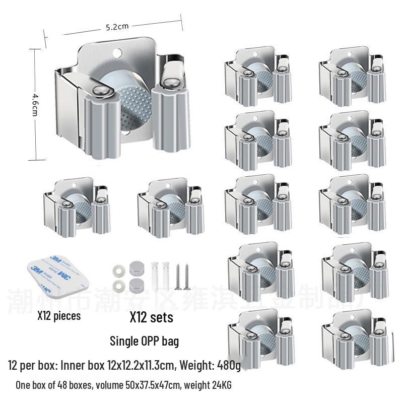 Stainless Steel Wall-Mounted Mop and Broom Holder, Punch-Free Clip for Bathroom Storage