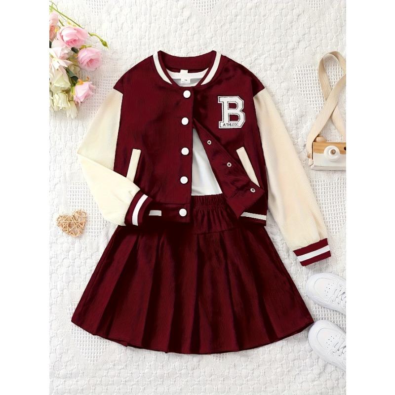 

Костюм для девочек Осенне-зимний стиль Юбка средней и большой длины Вельвет Вышивка букв Модная куртка Плиссированная юбка Костюм-двойка 100cm багровый